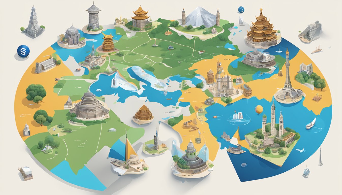 A diverse array of Swatch Group brands displayed on a world map, surrounded by iconic cultural symbols and landmarks