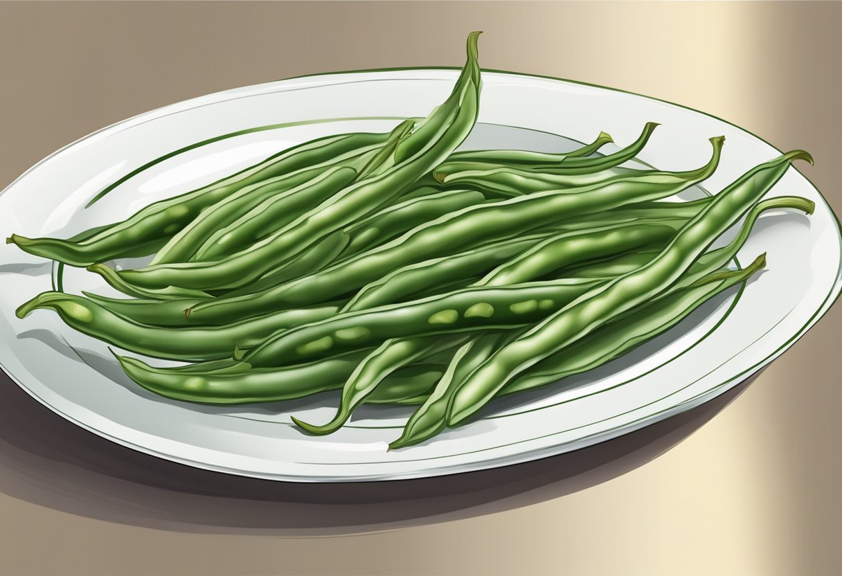 Green beans with brown spots on a white plate