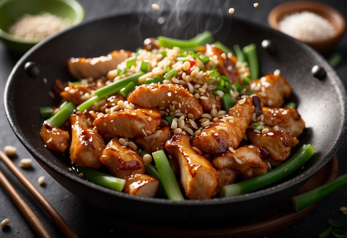 A wok sizzles with marinated chicken, ginger, garlic, and green onions. A splash of soy sauce and a sprinkle of sesame seeds add the finishing touch