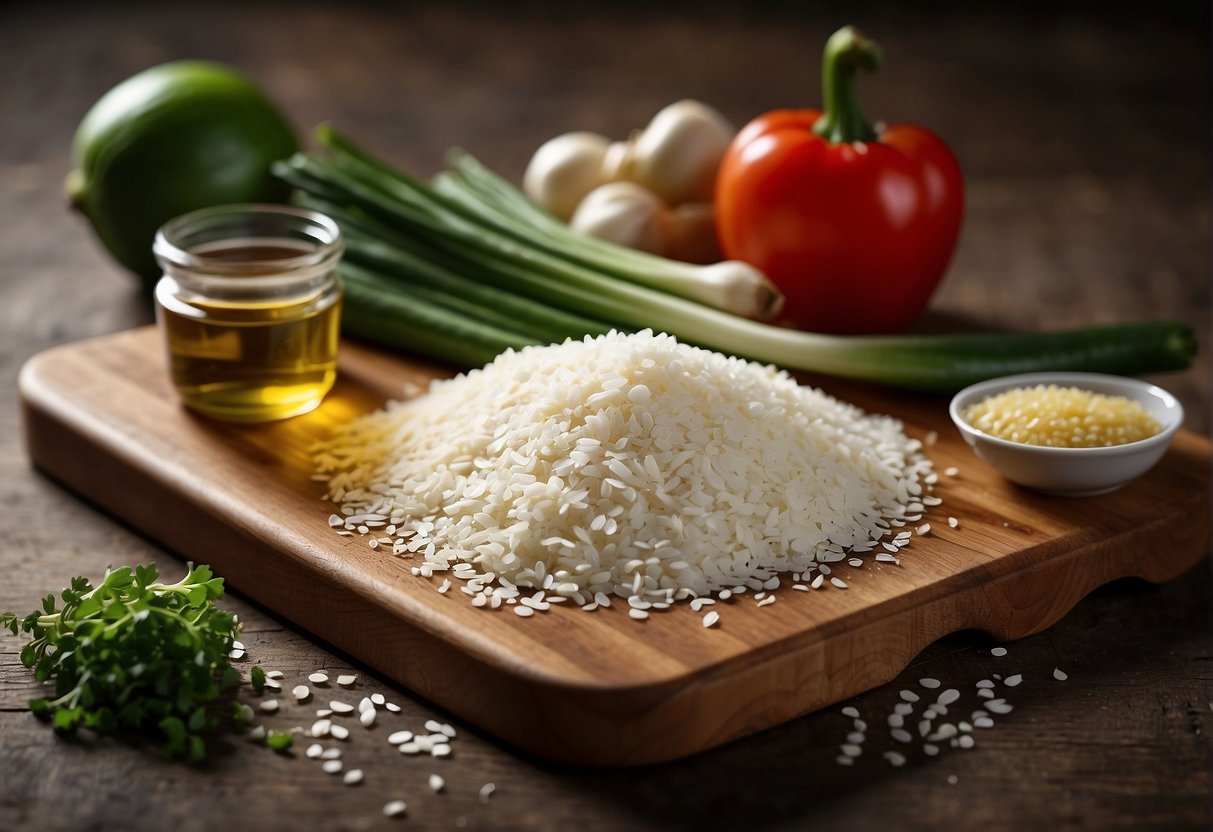 A wooden cutting board with neatly arranged ingredients: flour, water, salt, chopped spring onions, sesame oil, and vegetable oil