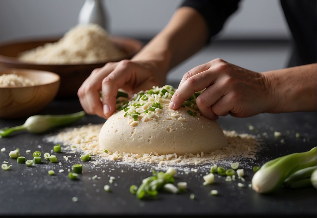 A pair of hands kneading dough with chopped spring onions on a floured surface