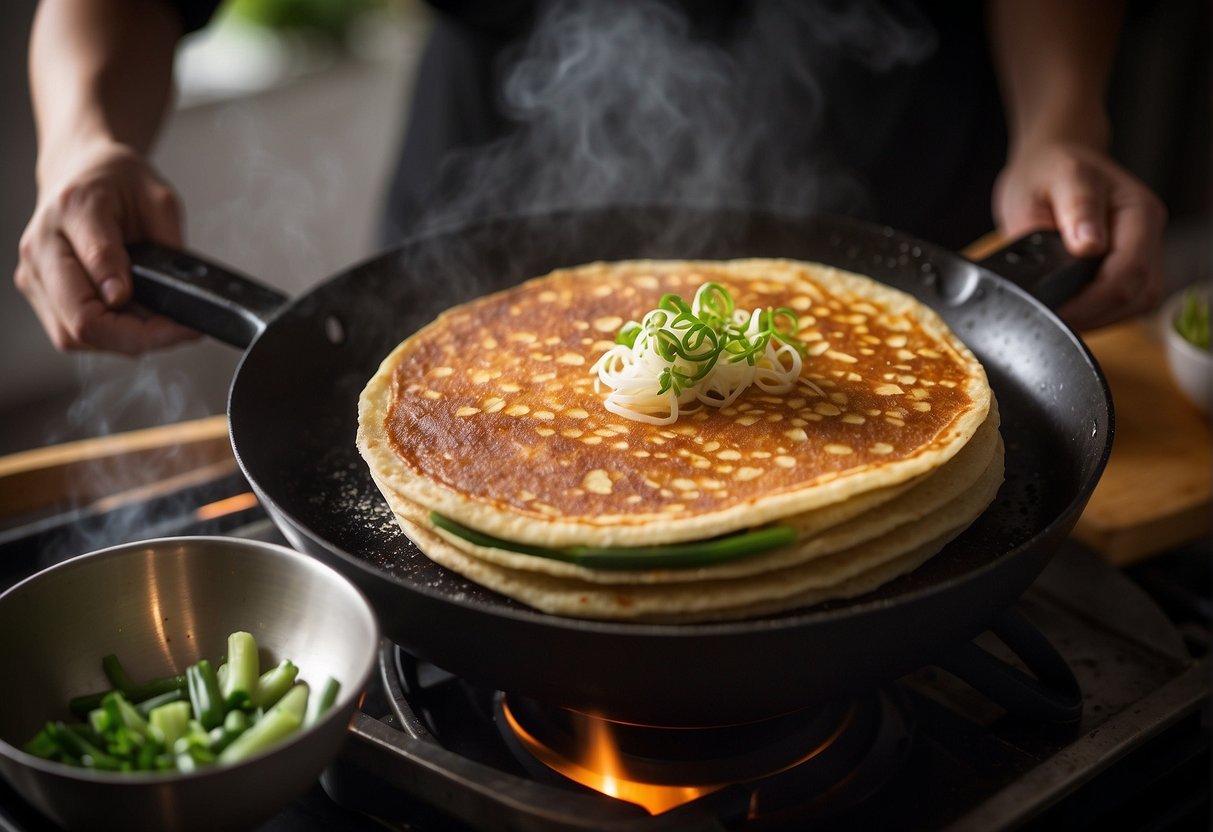 A skillet sizzles as a chef flips a golden brown Chinese spring onion pancake. Steam rises from the crispy layers as the pancake cooks to perfection
