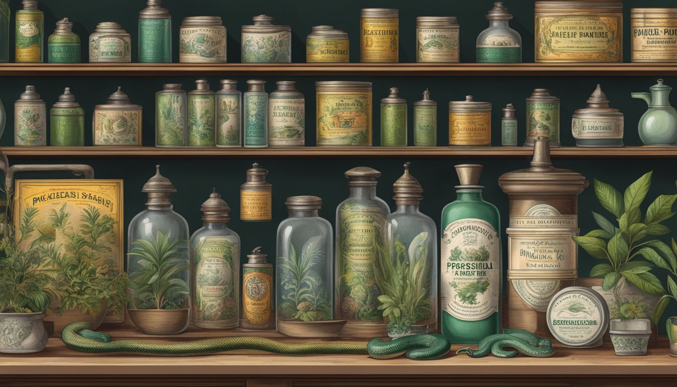 A vintage apothecary shelf displays Snake Brand prickly heat powder tins, surrounded by botanical illustrations and antique medical equipment