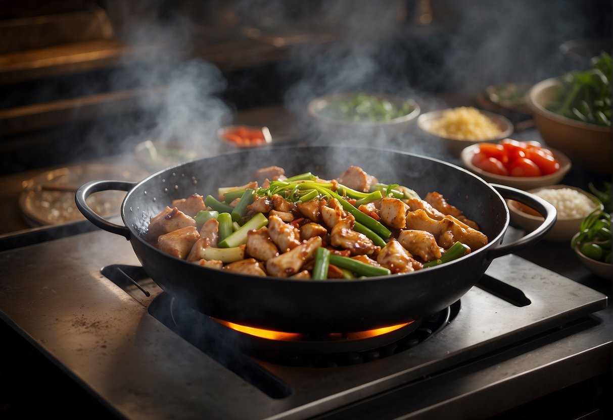 A wok sizzles with marinated chicken, ginger, and scallions, as steam rises and aromas fill the air. Ingredients surround the pan
