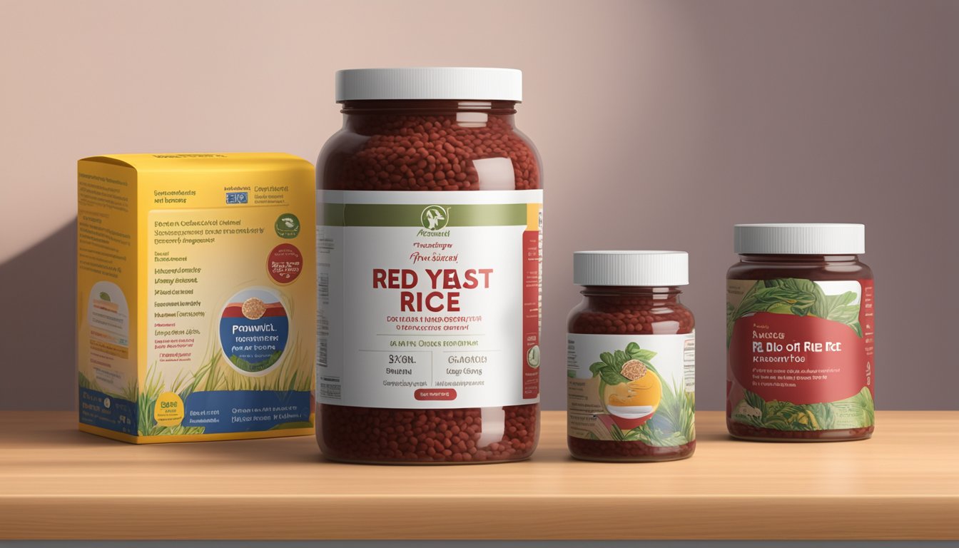 A jar of red yeast rice sits on a wooden shelf, surrounded by other health supplements. The label prominently displays the brand name, while the rice itself appears a deep shade of red