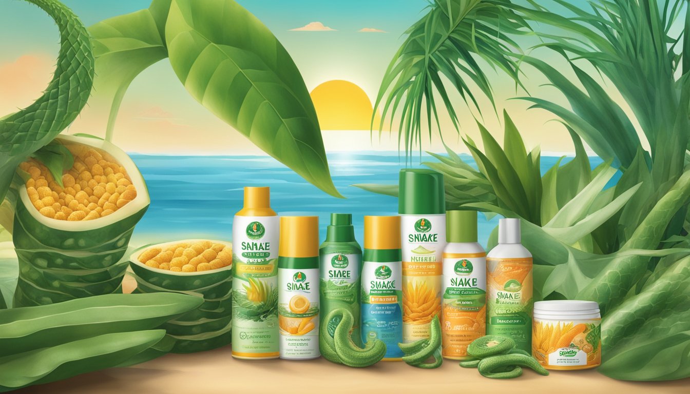 A variety of Snake Brand Prickly Heat products displayed with natural ingredients like aloe vera and menthol in a tropical setting