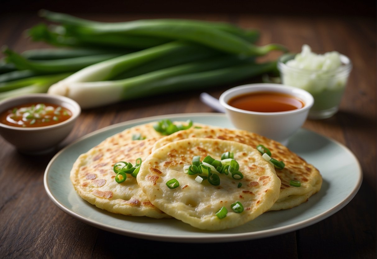 A plate of Chinese spring onion pancakes with dipping sauce and garnished with fresh green onions