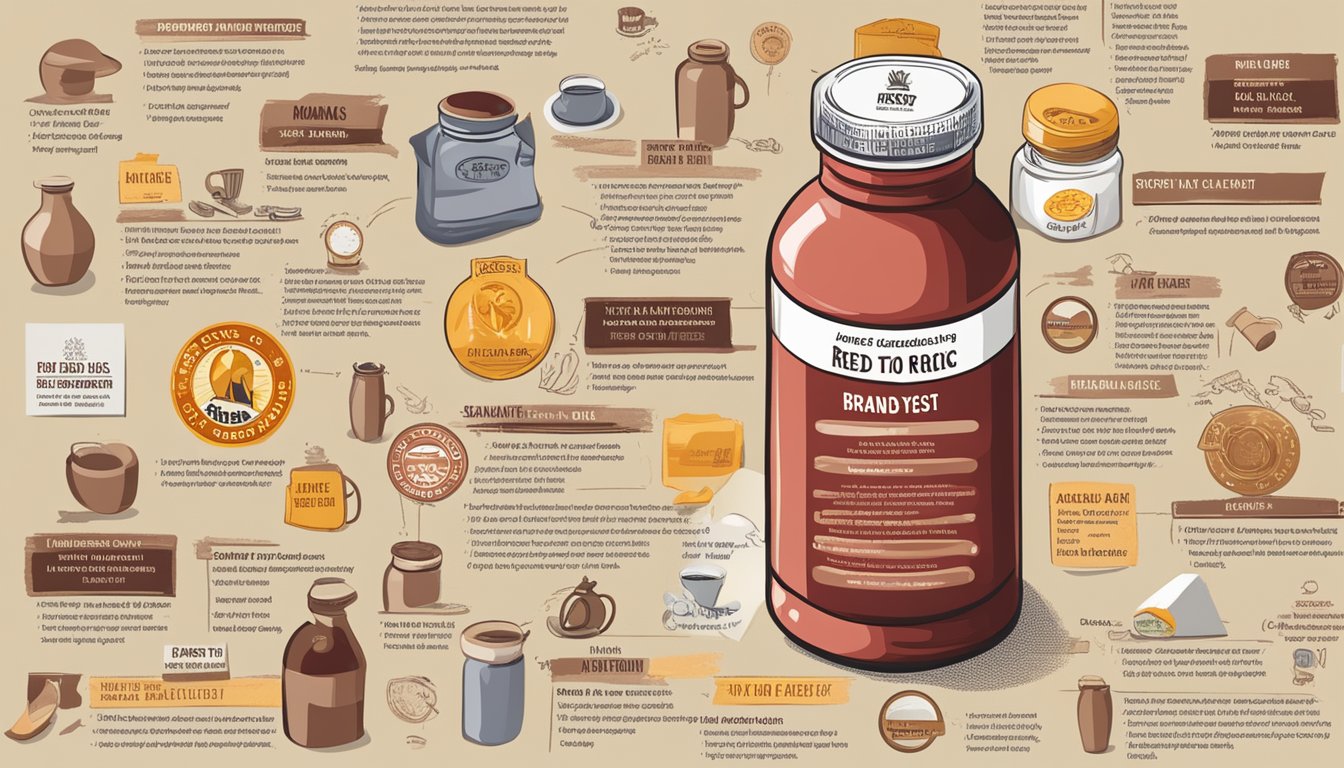 A bottle of red yeast rice labeled "brands to avoid" surrounded by caution signs and a list of health risks and benefits