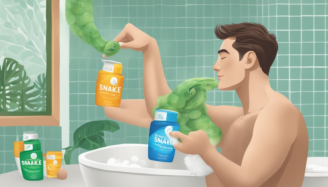 A person applies Snake Brand Prickly Heat powder after a shower, feeling refreshed and cool all day