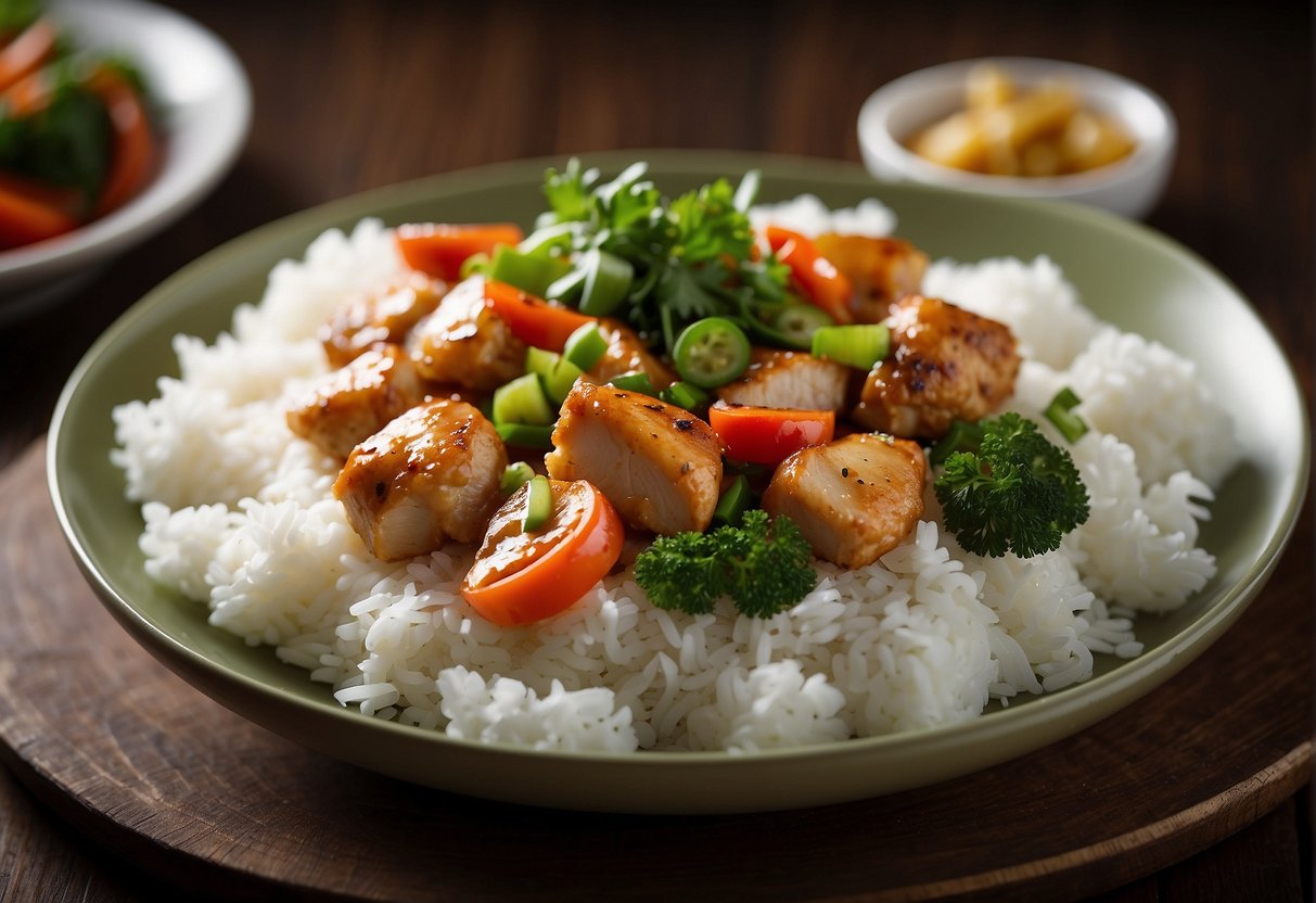 A platter of Chinese spring chicken, garnished with fresh herbs, served on a bed of steamed jasmine rice, with a side of stir-fried vegetables