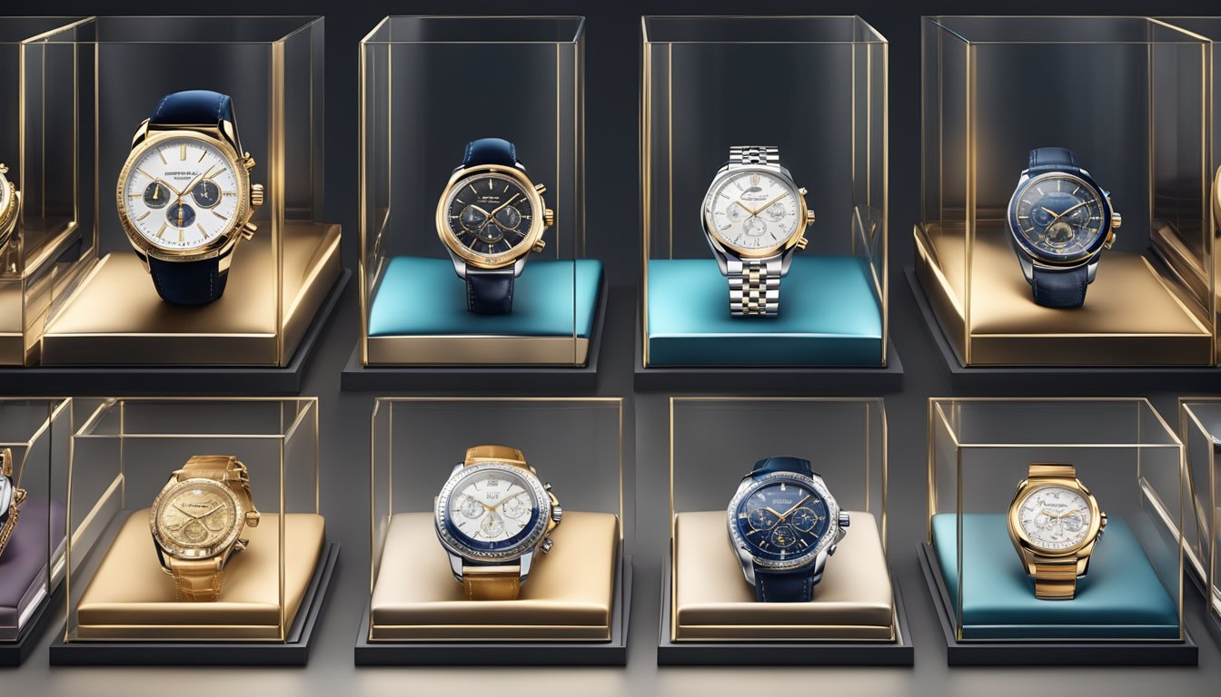 Luxury watch brands displayed on velvet cushions in a sleek glass case, with elegant lighting highlighting their intricate details and craftsmanship