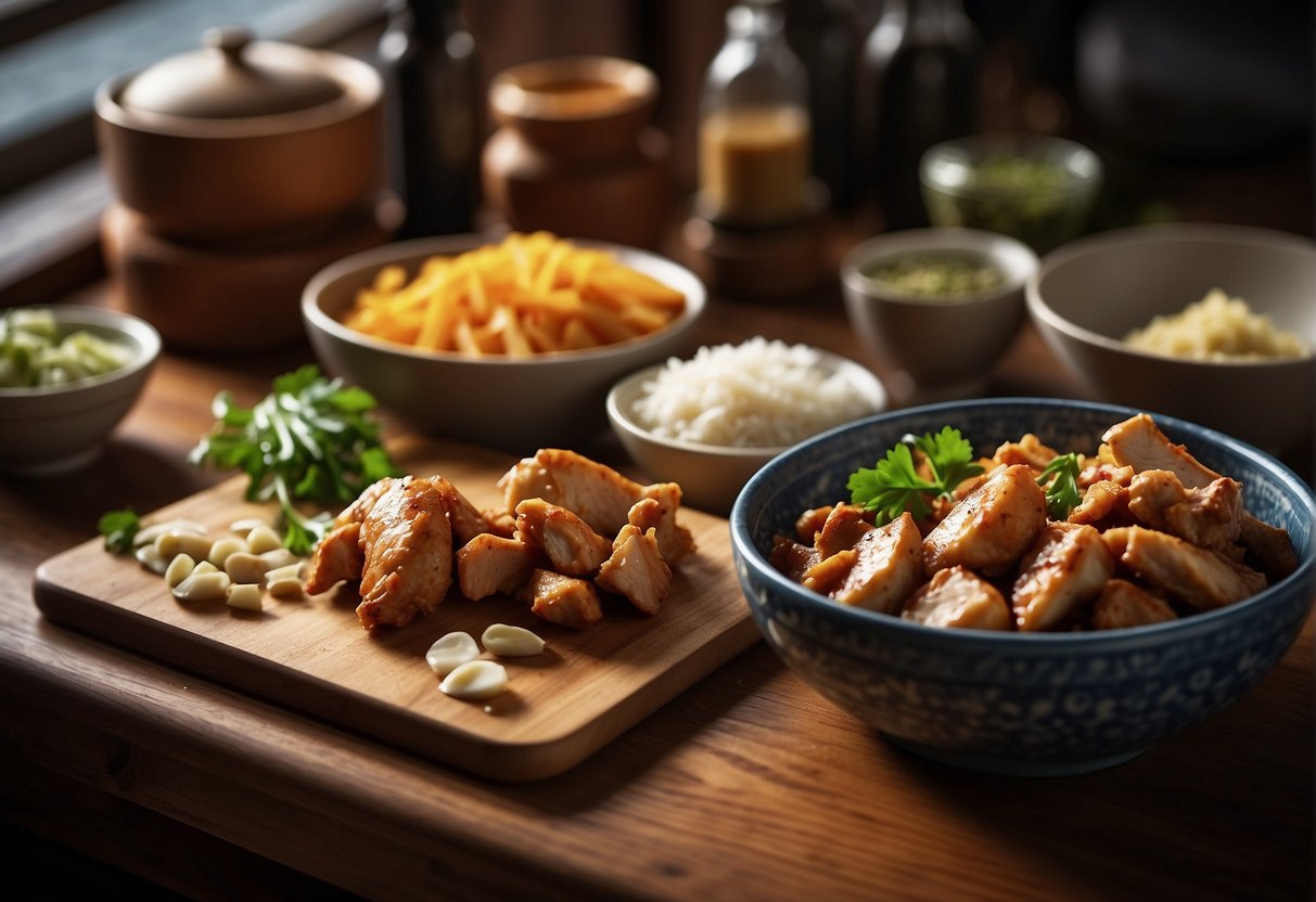 A kitchen counter with a cutting board, knife, and various ingredients like ginger, garlic, soy sauce, and chicken pieces, alongside containers of leftover Chinese spring chicken