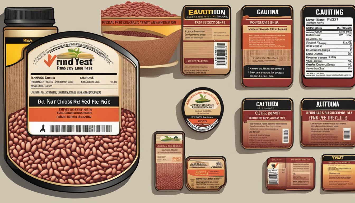 A stack of red yeast rice product labels with warning signs, crossed out brand names, and a caution symbol