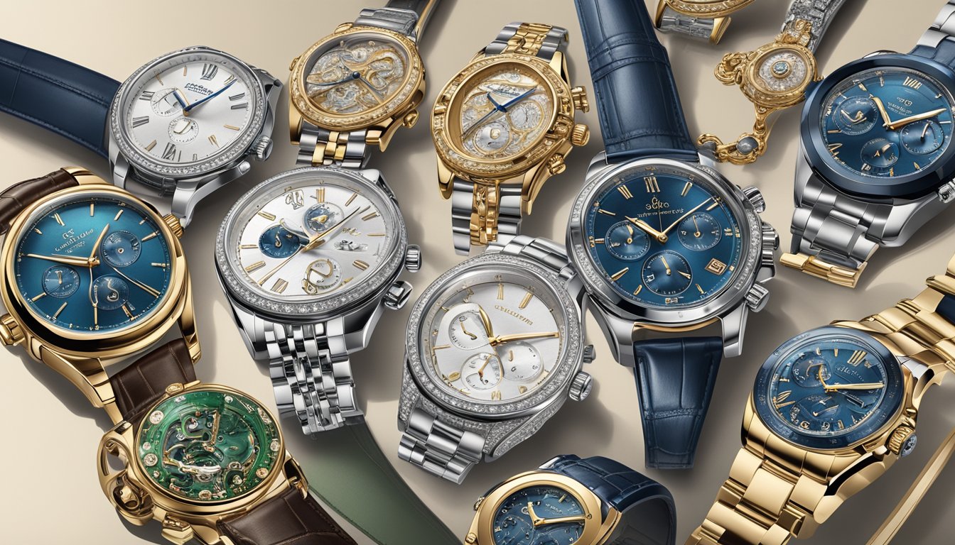 A display of top 10 luxury watch brands, each elegantly showcasing intricate craftsmanship and precision engineering, surrounded by opulent decor and luxurious materials