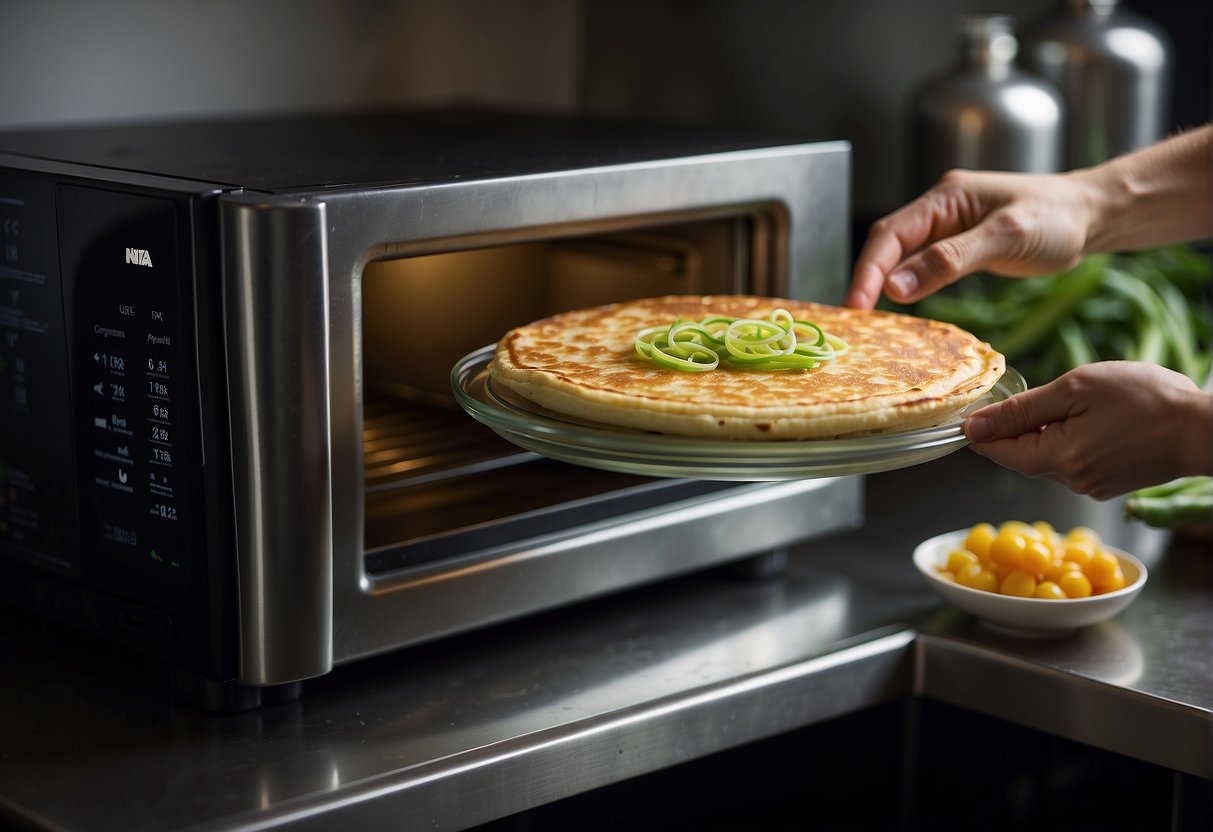 A hand reaches for a container of Chinese spring onion pancakes. A microwave sits in the background, ready to reheat the savory treats