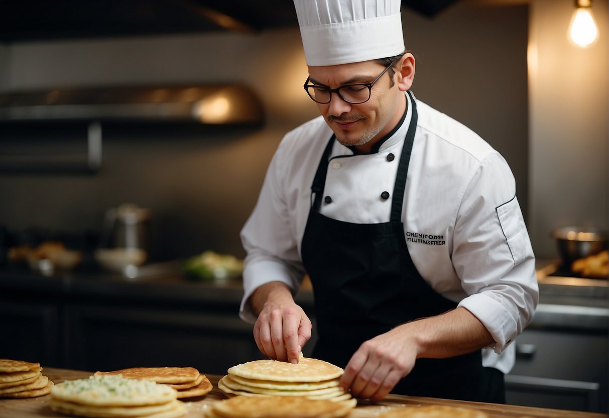 A chef kneads dough, folds in spring onions, and fries a savory pancake