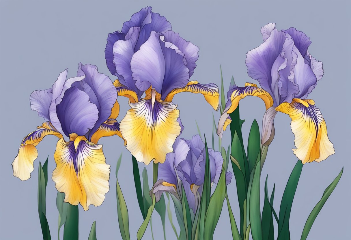The irises droop over, their delicate petals wilting under the weight of gravity
