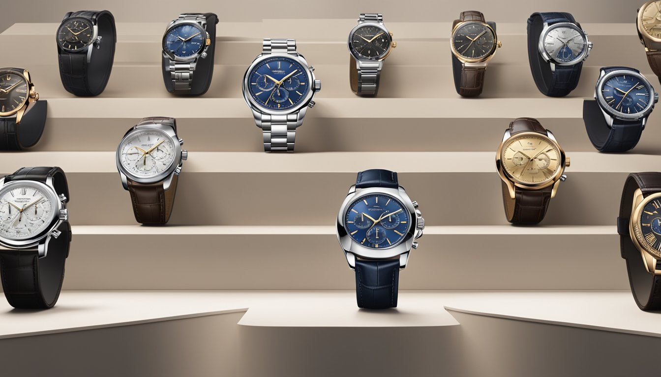 A display of top 10 luxury watch brands showcased on a sleek, modern podium with soft spotlighting. Each watch is elegantly presented with pristine craftsmanship and intricate details