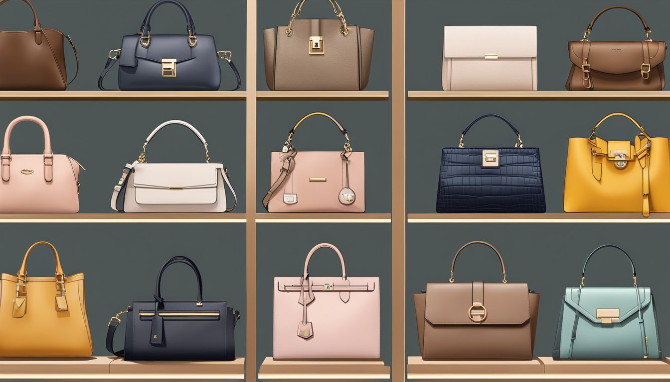 A display of top 20 handbag brands arranged on a sleek, modern shelf with soft, even lighting highlighting each unique design