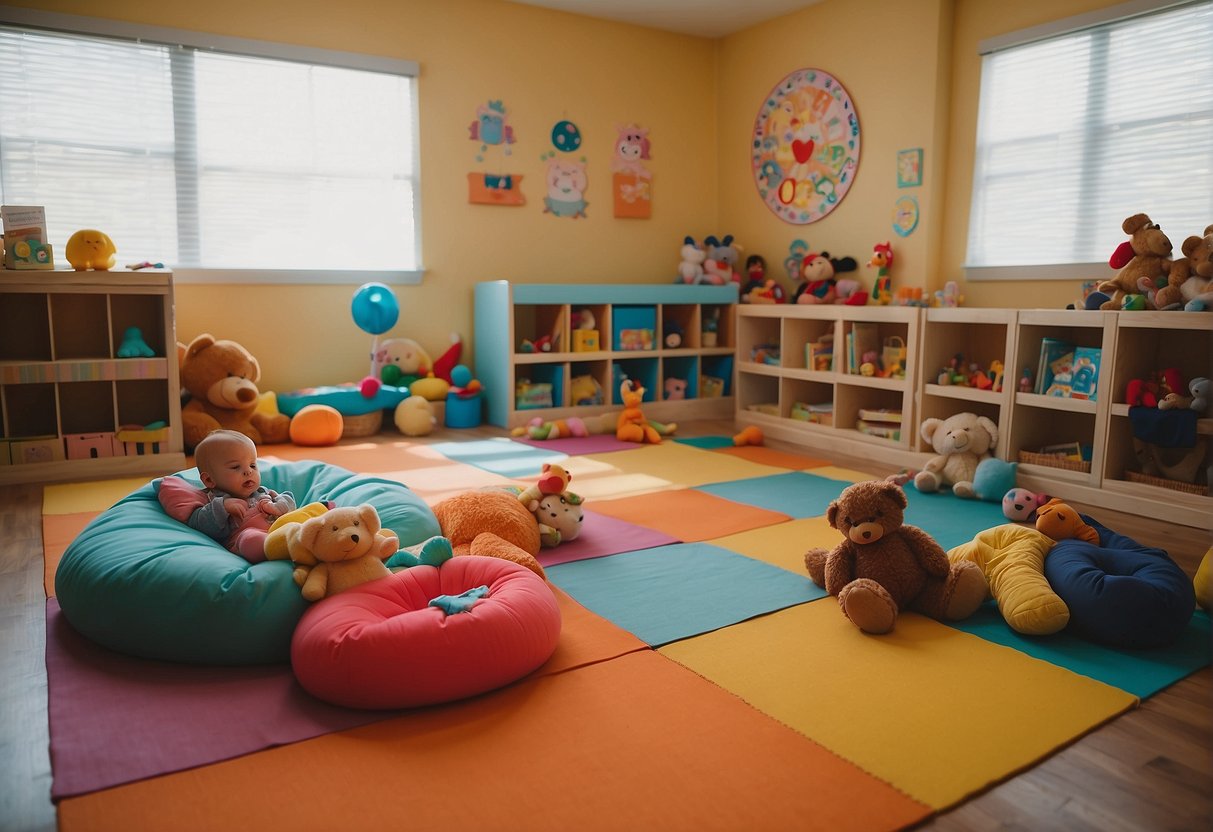 Preschoolers play in a colorful classroom while nursery toddlers nap in cozy cribs. Toys and books fill the preschool, while soothing lullabies fill the nursery