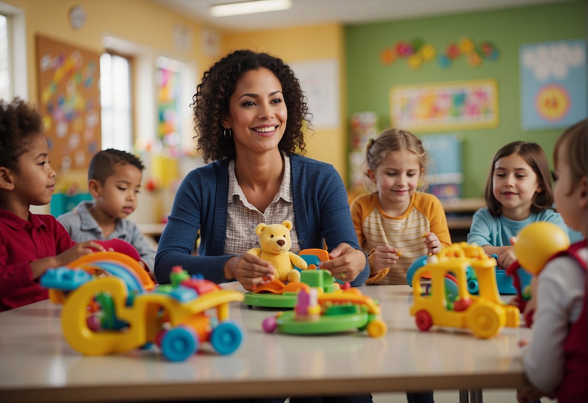 A colorful classroom with toys, books, and educational materials. A teacher interacts with young children, creating a warm and nurturing environment