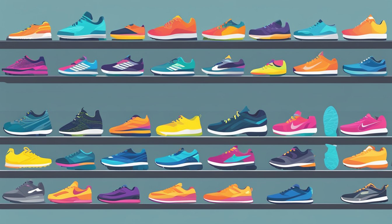 Colorful running shoe brands lined up on a store shelf. Bright logos and varying styles catch the eye
