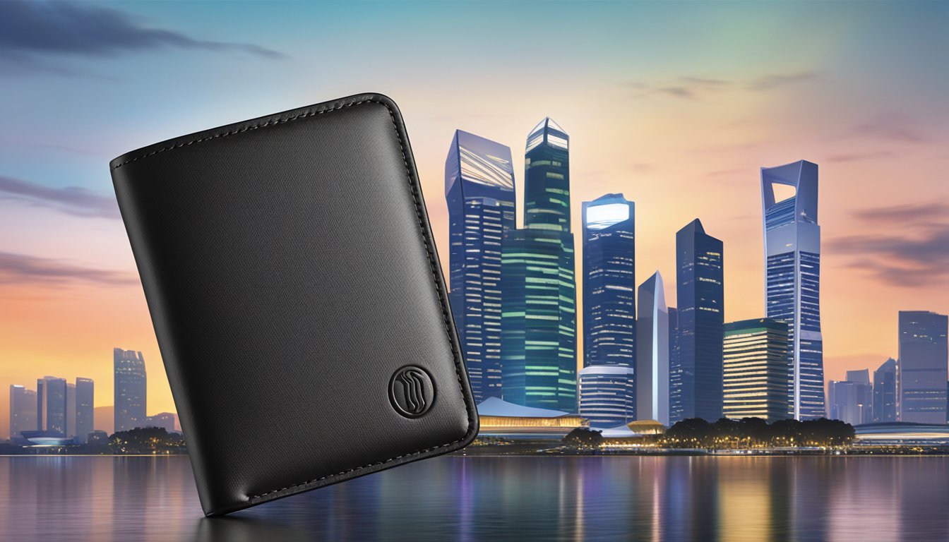 A sleek black leather wallet with a prominent brand logo displayed against the backdrop of the Singapore city skyline