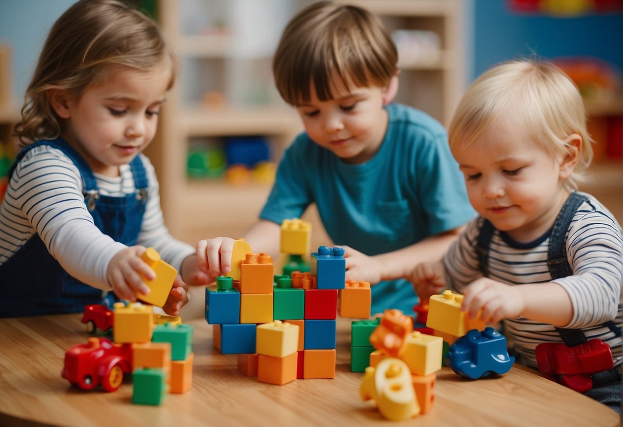 Preschool children play with blocks while nursery toddlers engage in sensory activities