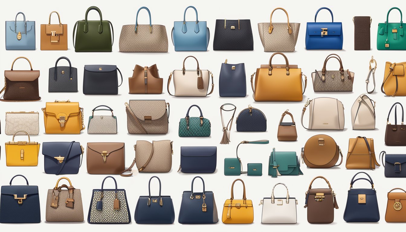 A display of top 20 handbag brands arranged on a clean, white backdrop, with each brand's logo prominently featured