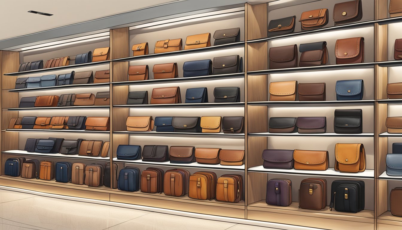 A display of sleek leather wallets in a well-lit Singaporean boutique, featuring the finest craftsmanship and branded mens wallet options
