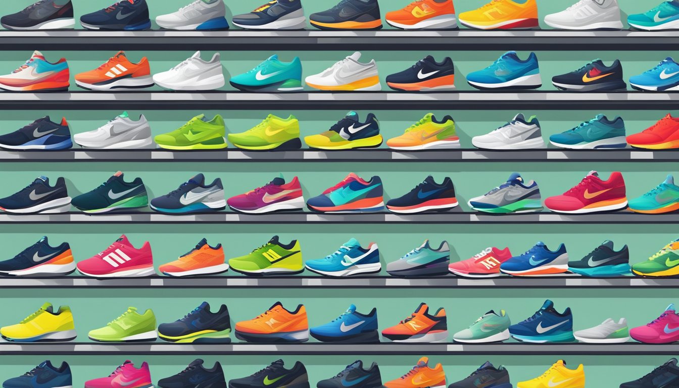 Colorful array of top running shoe brands displayed on shelves in a well-lit store. Nike, Adidas, New Balance, and more