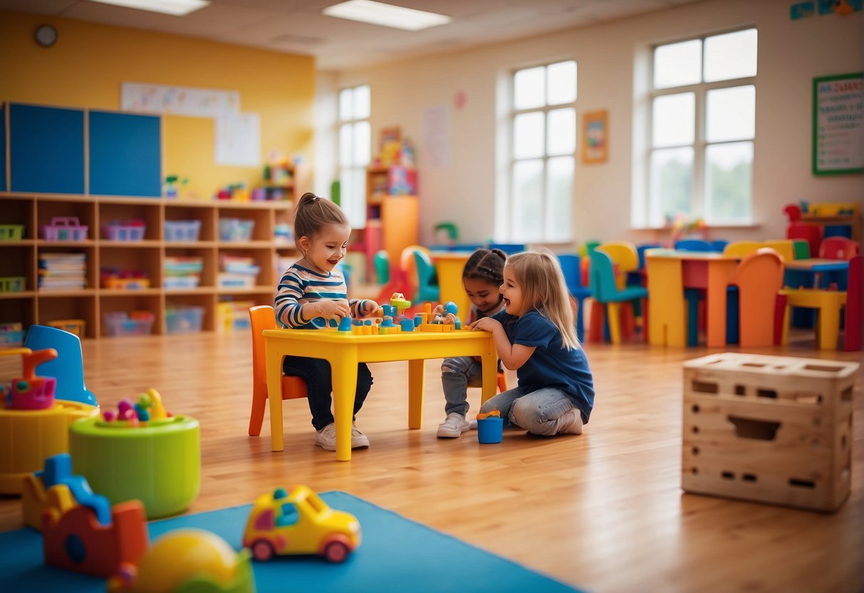 Children playing with educational toys in a bright, colorful classroom with low tables and small chairs. A teacher facilitates activities and a cozy reading corner is in the corner