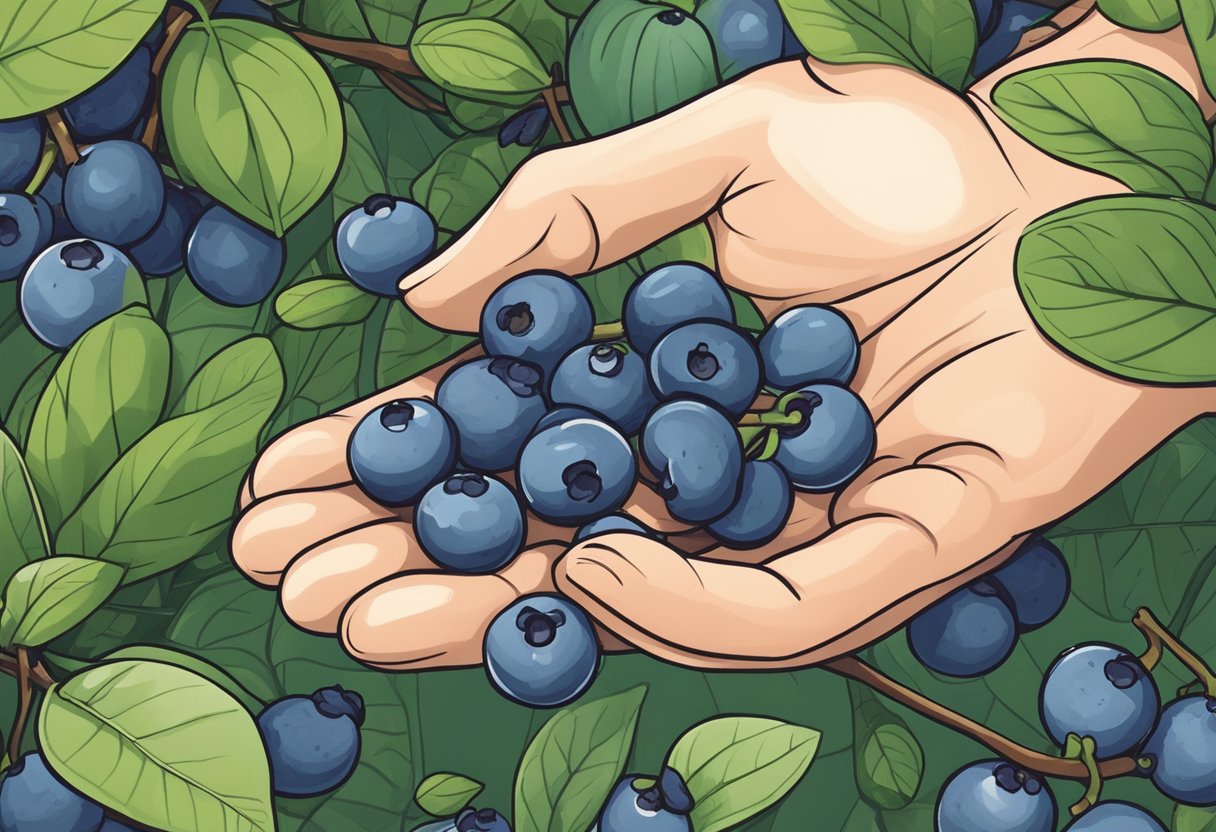 A hand holding tiny blueberries, surrounded by large leaves and vines