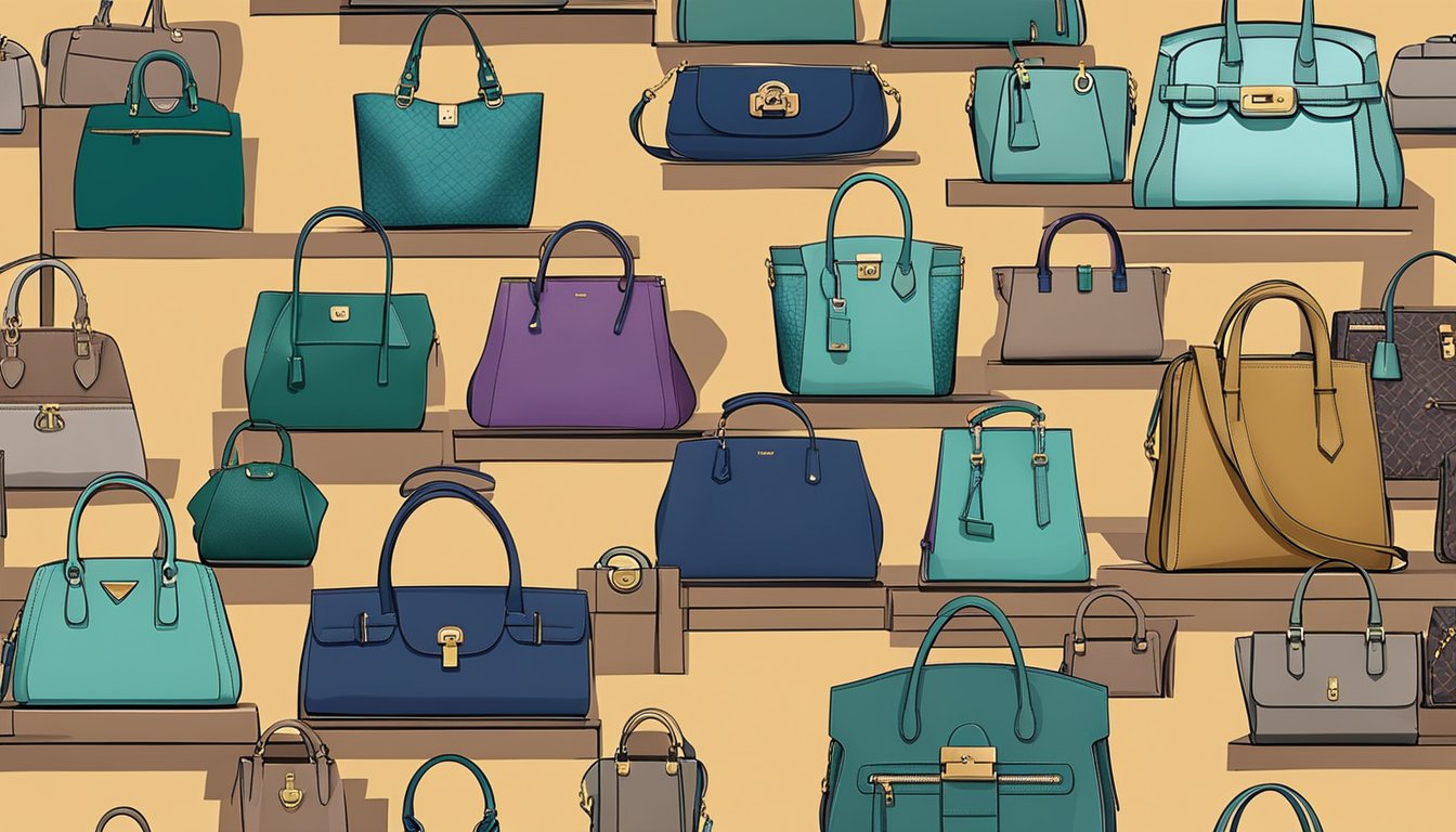 A table displays 20 luxury handbags, each showcasing exquisite design and craftsmanship. The bags vary in size, shape, and material, representing top brands in the industry