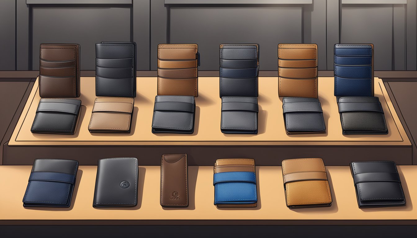 A display of various branded men's wallets, neatly arranged on a sleek, modern counter in a well-lit store