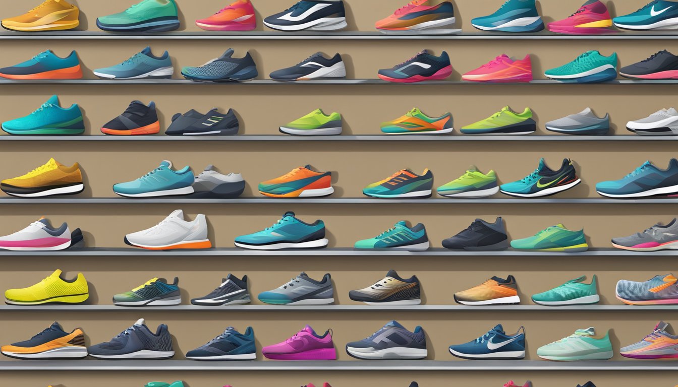 A lineup of running shoe brands, each with unique designs and features, displayed on a sleek and modern shoe rack