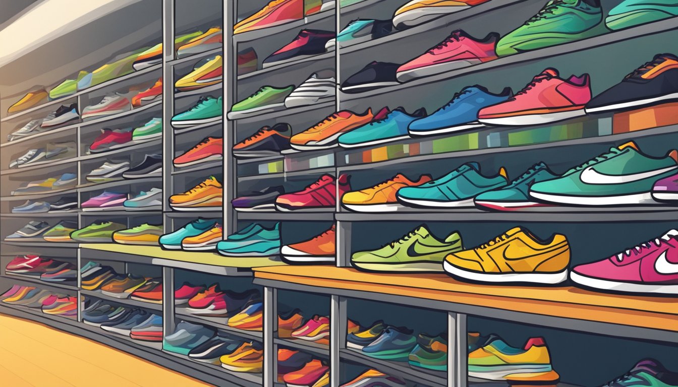 A variety of running shoe brands displayed on shelves in a well-lit store