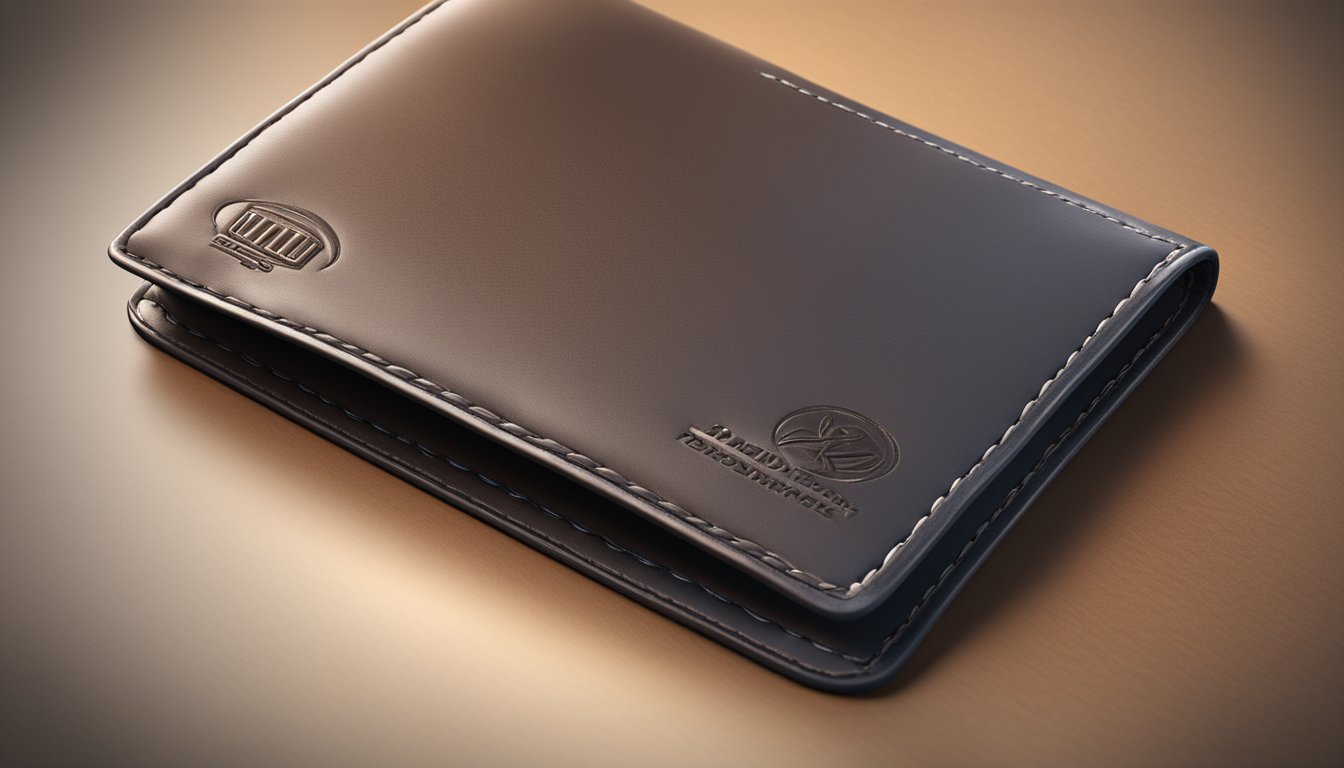 A leather wallet is being stretched and twisted, showing its durability. The material is highlighted, with a focus on the brand logo