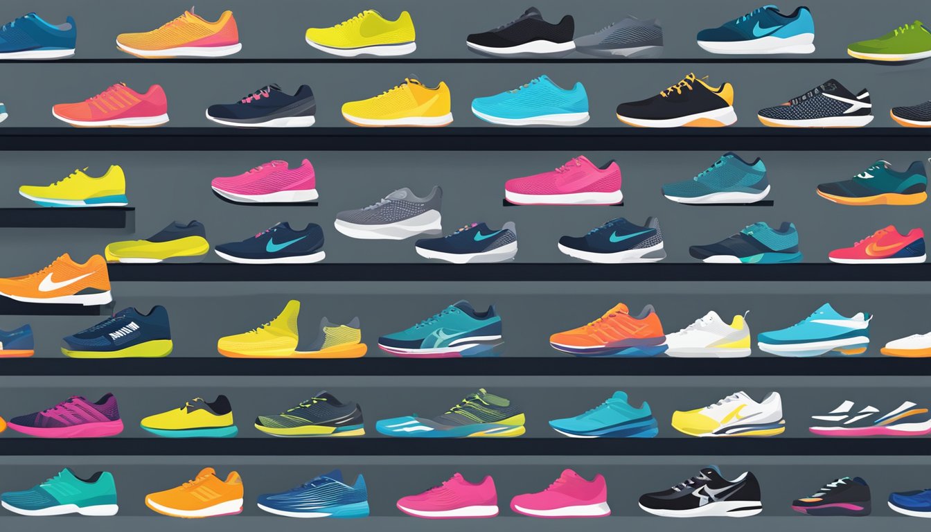 A display of various running shoe brands arranged on shelves, with bright lighting and bold signage