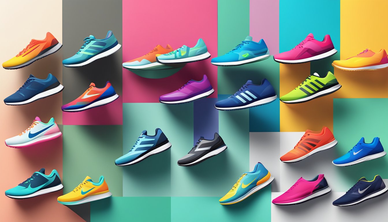 A lineup of sleek, modern running shoes from top brands, with dynamic designs and vibrant colors, displayed against a clean, minimalist backdrop
