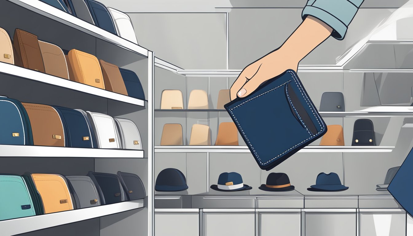 A hand reaches for a sleek, branded mens wallet on a display shelf in a well-lit store in Singapore. The wallet is surrounded by other stylish accessories, and a price tag is visible