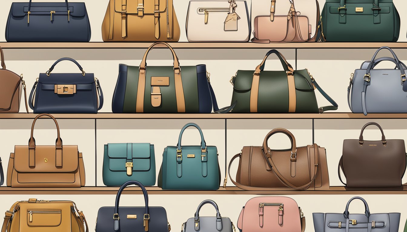 A display of top 20 handbag brands, arranged by size and style, with labels indicating practical features such as compartments and durable materials