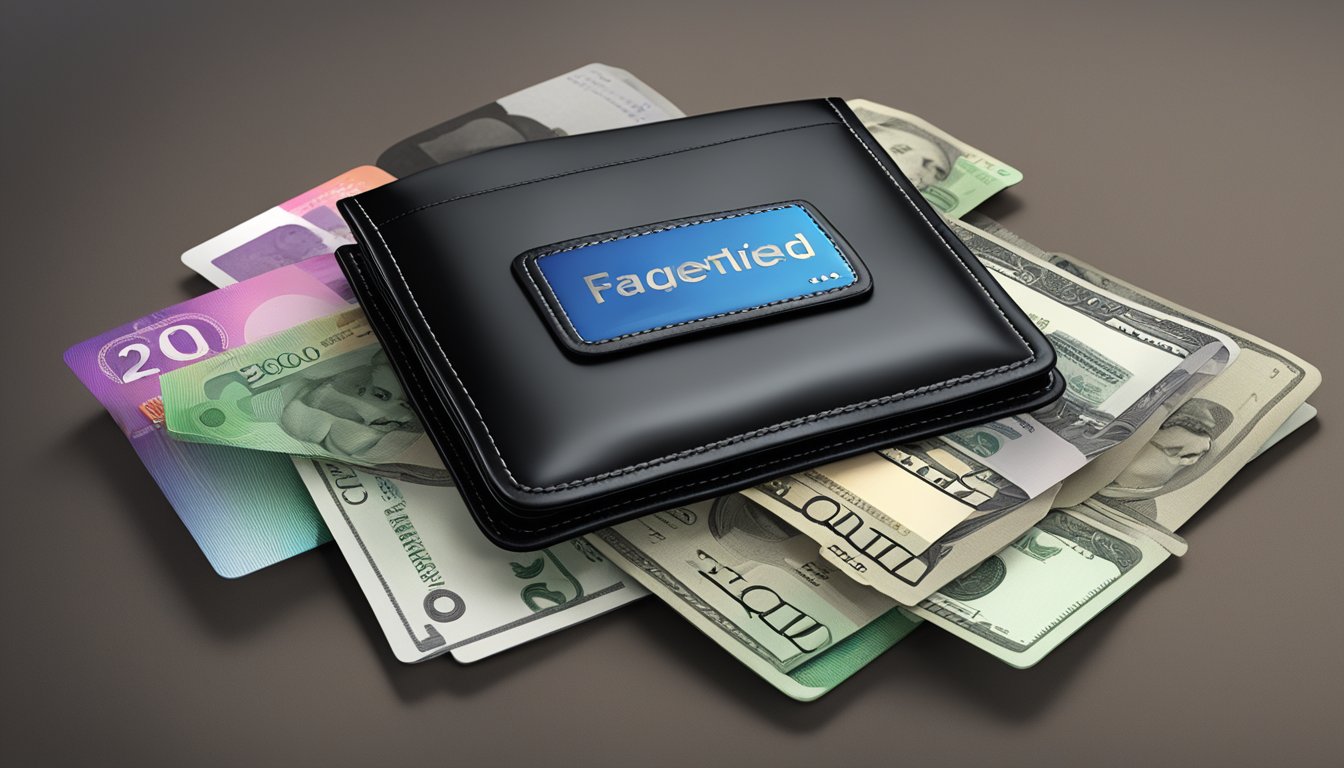 A sleek black leather wallet with the "Frequently Asked Questions" logo embossed on the front, surrounded by various currencies and credit cards