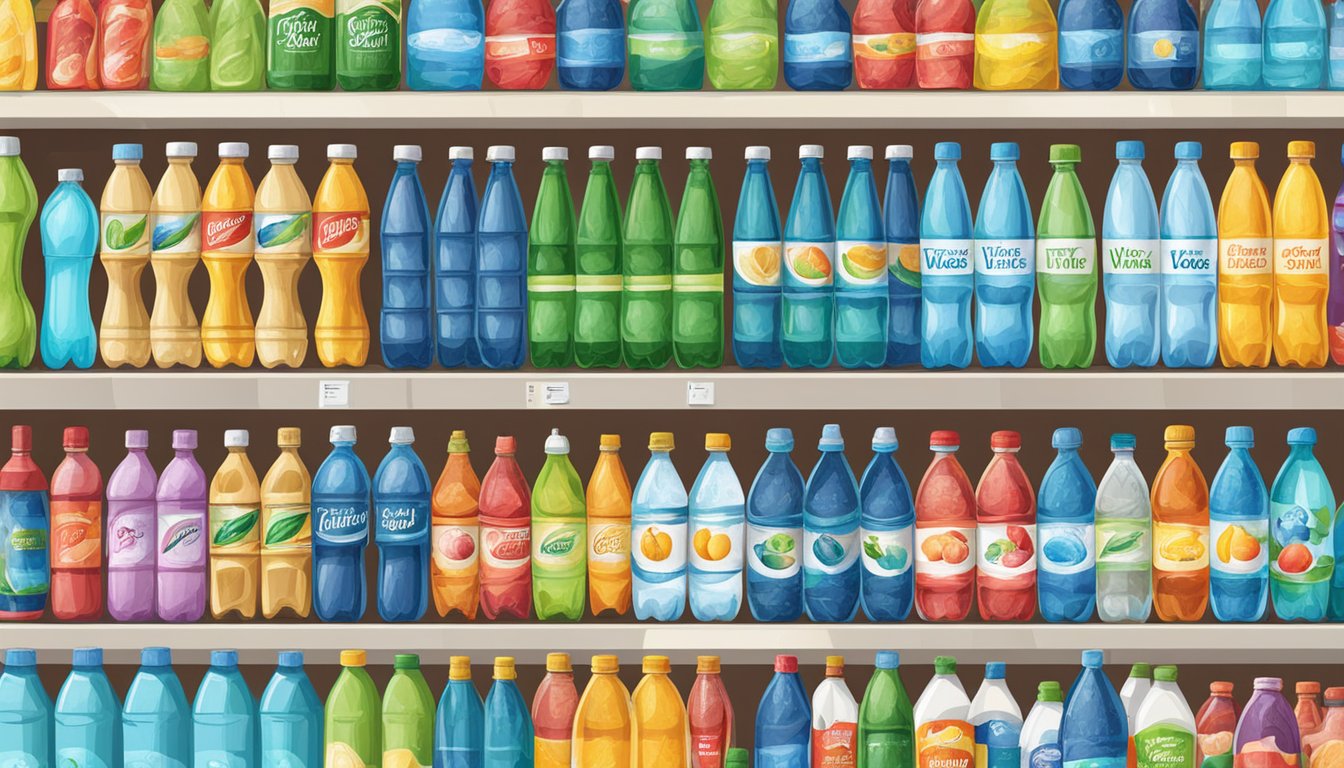 Various water bottle brands displayed on shelves in a grocery store