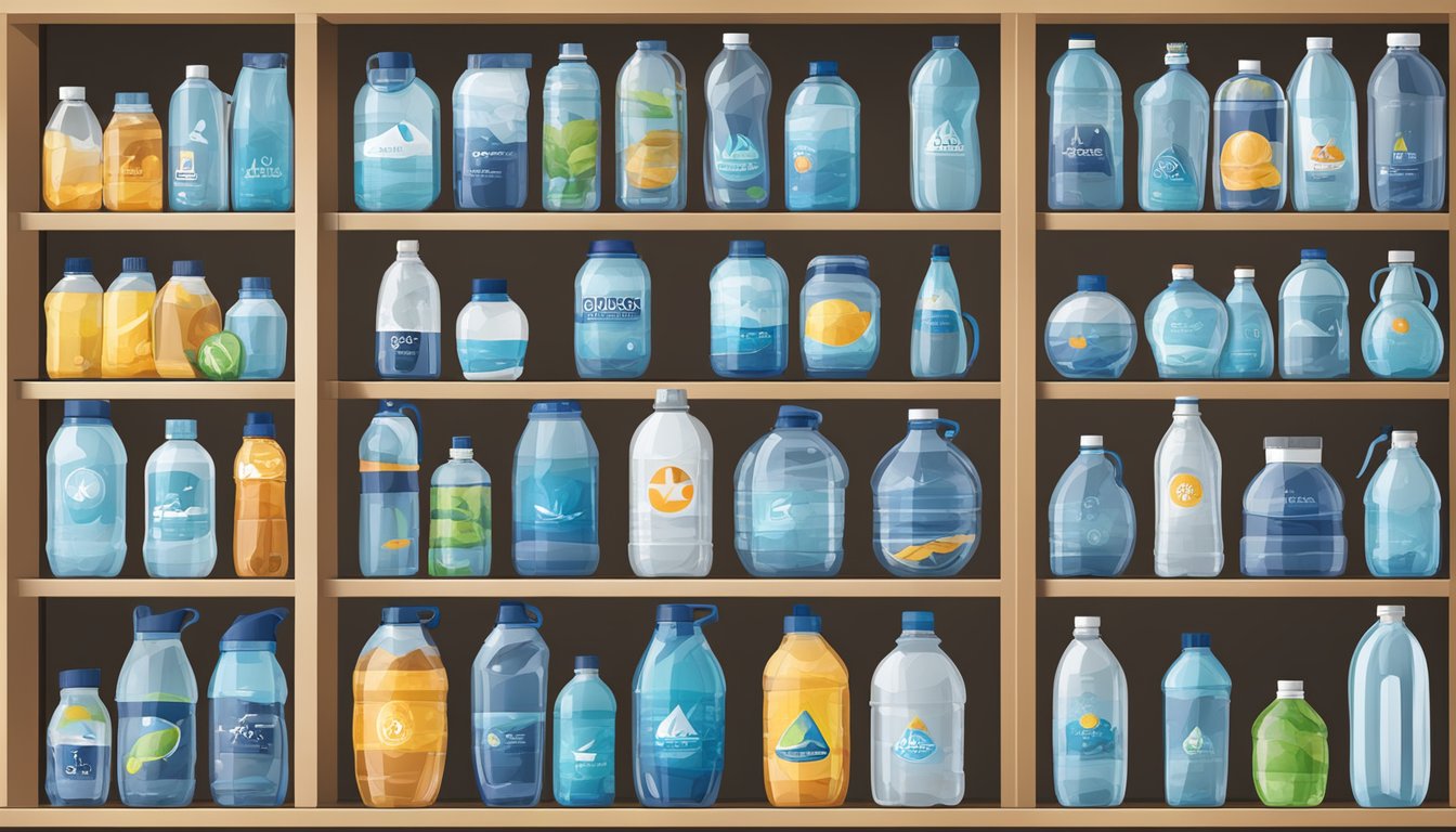 Various water bottles in different shapes and sizes displayed on a shelf with brand logos visible