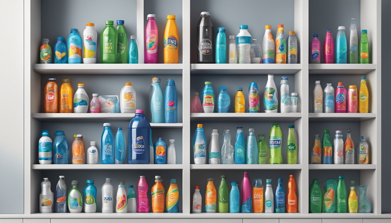 A display of top water bottle brands arranged on a sleek, modern shelf with bold, colorful logos and various shapes and sizes