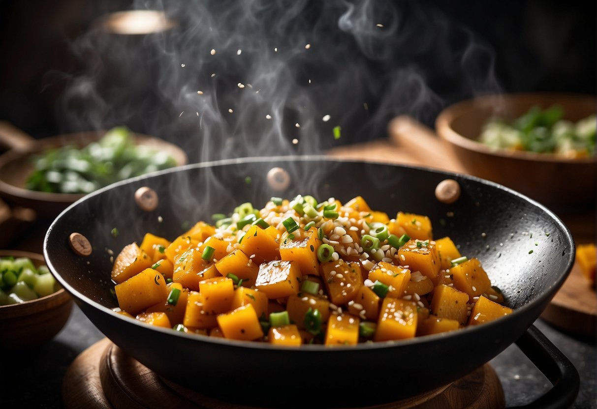 A wok sizzles with diced squash, garlic, and ginger in a fragrant blend of soy sauce and sesame oil, garnished with green onions and sesame seeds