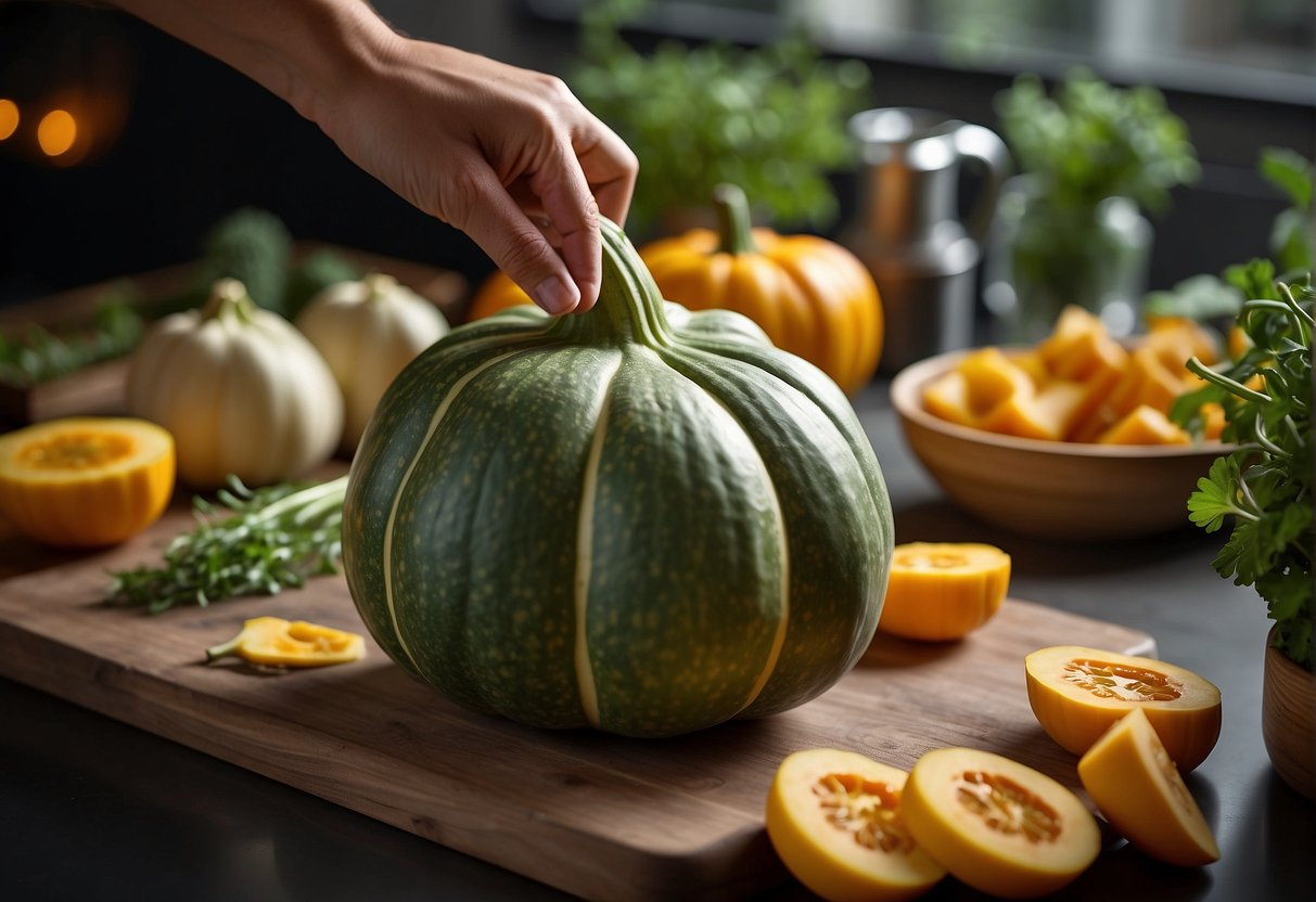 A hand reaching for a vibrant Chinese squash, surrounded by fresh herbs and spices on a kitchen counter