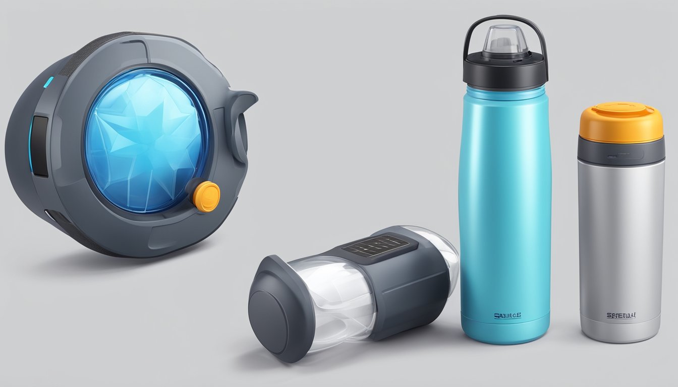 A water bottle with a built-in filter and a collapsible design sits next to a solar-powered cap with a built-in UV sterilizer