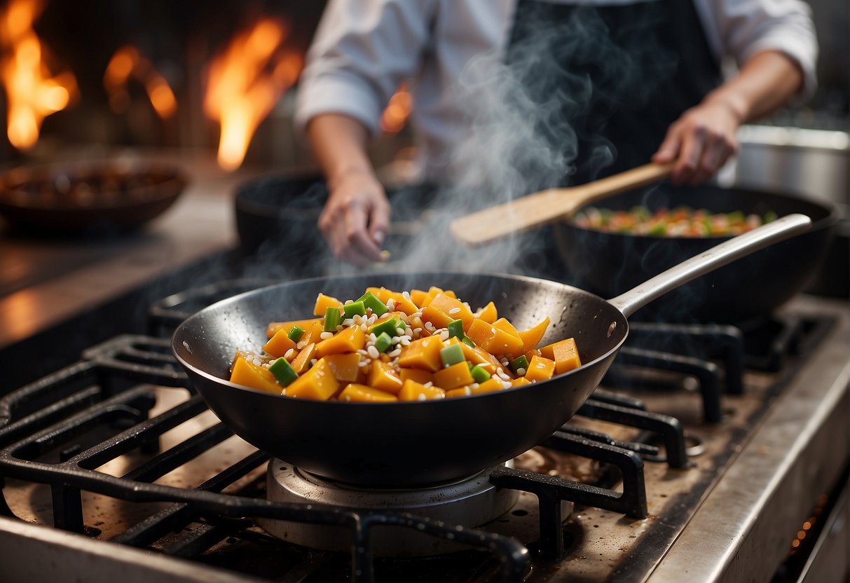 A wok sizzles as diced Chinese squash, ginger, and garlic fry in hot oil. Soy sauce and sesame oil wait nearby, ready to be added to the fragrant mixture